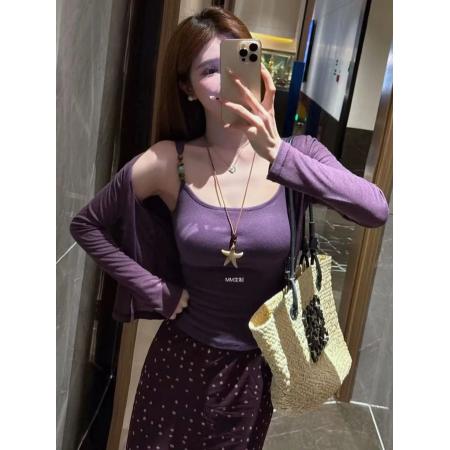 FA37960# 肯豆腰臀比夏日偏爱紫色串珠吊带净版开衫直筒包身裙三件套 服裝批發女裝批發服飾貨源