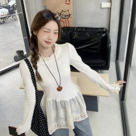 FA37963# ～大码胖MM法式复古小众设计感拼接蕾丝花边打底衫上衣t恤 服裝批發女裝批發服飾貨源