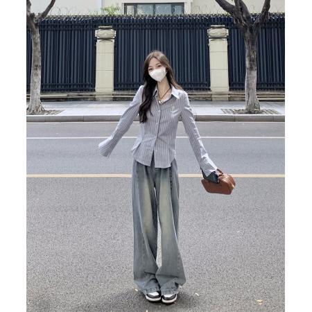 FA37964# ～大码胖MM秋季设计感学院风刺绣肌理感撞色衬衫 服裝批發女裝批發服飾貨源