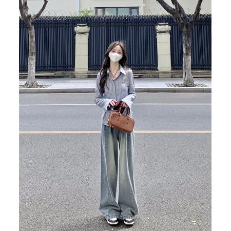 FA37964# ～大码胖MM秋季设计感学院风刺绣肌理感撞色衬衫 服裝批發女裝批發服飾貨源