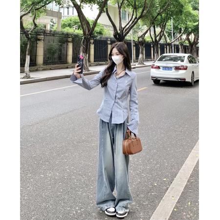 FA37964# ～大码胖MM秋季设计感学院风刺绣肌理感撞色衬衫 服裝批發女裝批發服飾貨源