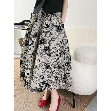 FA37966# 早秋植绒半裙女重工小众复古法式高腰中长款A字裙 服裝批發女裝批發服飾貨源
