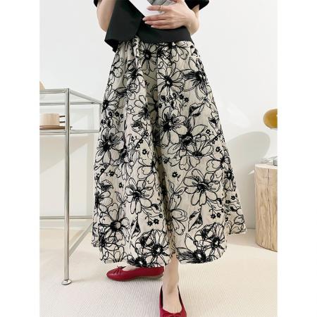 FA37966# 早秋植绒半裙女重工小众复古法式高腰中长款A字裙 服裝批發女裝批發服飾貨源
