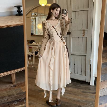 FA37973# 波西米亚风吊带女秋季两件套连衣裙新款大码中长裙套装 服裝批發女裝批發服飾貨源