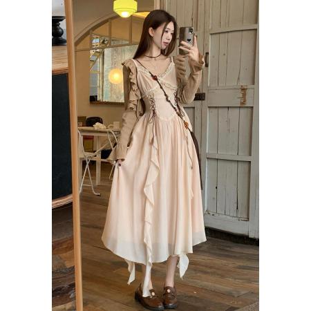 FA37973# 波西米亚风吊带女秋季两件套连衣裙新款大码中长裙套装 服裝批發女裝批發服飾貨源