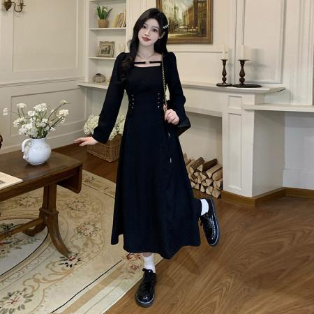 FA37975# 大码女装法式长袖连衣裙女秋季收腰显瘦裙胖MM梨形身材长裙 服裝批發女裝批發服飾貨源