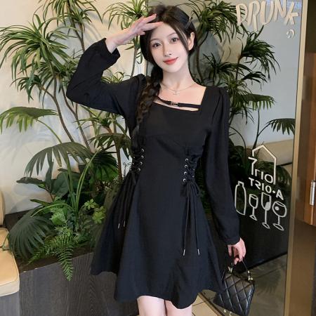 FA37975# 大码女装法式长袖连衣裙女秋季收腰显瘦裙胖MM梨形身材长裙 服裝批發女裝批發服飾貨源
