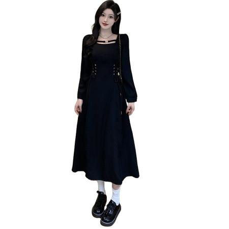 FA37975# 大码女装法式长袖连衣裙女秋季收腰显瘦裙胖MM梨形身材长裙 服裝批發女裝批發服飾貨源