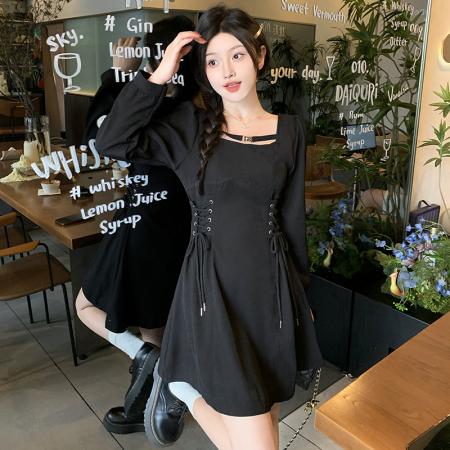 FA37975# 大码女装法式长袖连衣裙女秋季收腰显瘦裙胖MM梨形身材长裙 服裝批發女裝批發服飾貨源