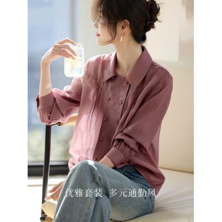 FA37980# 清雅自在肌理感衬衫秋季气质慵懒抽褶设计感双排扣衬衫 服裝批發女裝批發服飾貨源