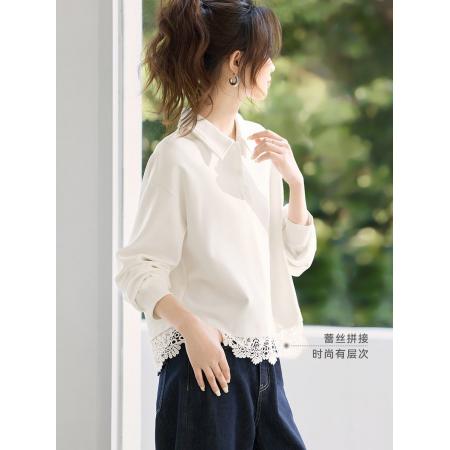 FA37981# 轻生活透气翻领卫衣秋季新款蕾丝拼接百搭通勤上衣女 服裝批發女裝批發服飾貨源