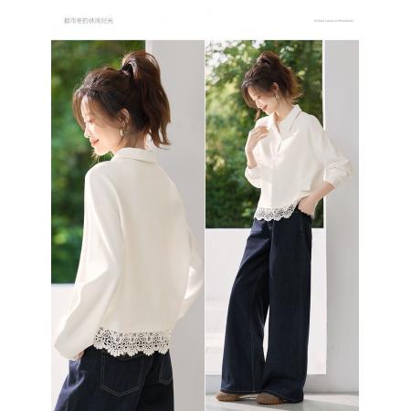 FA37981# 轻生活透气翻领卫衣秋季新款蕾丝拼接百搭通勤上衣女 服裝批發女裝批發服飾貨源
