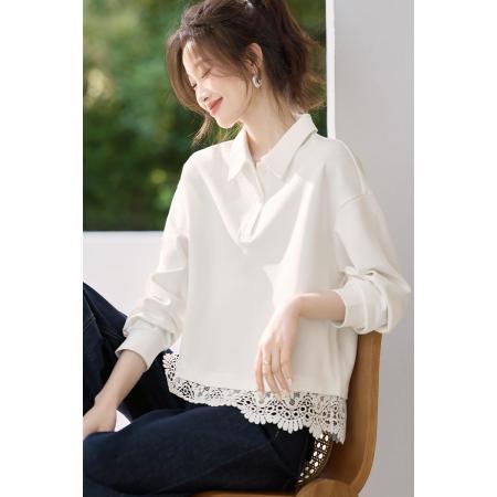 FA37981# 轻生活透气翻领卫衣秋季新款蕾丝拼接百搭通勤上衣女 服裝批發女裝批發服飾貨源
