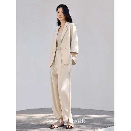 FA37982# 高级感亚麻西装外套裤子两件套女秋季时尚裤套 服裝批發女裝批發服飾貨源