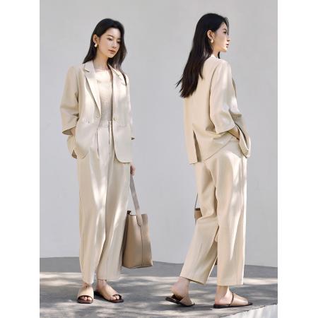 FA37982# 高级感亚麻西装外套裤子两件套女秋季时尚裤套 服裝批發女裝批發服飾貨源