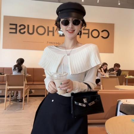 FA37984# 法式绝美气质荷叶边长袖针织衫女秋季新款时尚打底衫修身上衣 服裝批發女裝批發服飾貨源