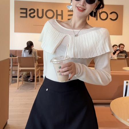 FA37984# 法式绝美气质荷叶边长袖针织衫女秋季新款时尚打底衫修身上衣 服裝批發女裝批發服飾貨源