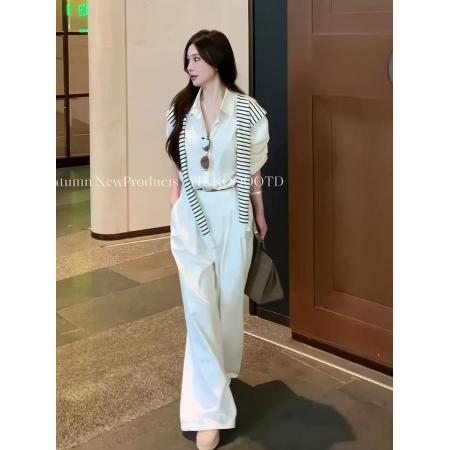 LN76264# 韩系时尚通勤穿搭白色长袖衬衫女早秋高腰显瘦休闲阔腿裤套装