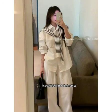 LN76264# 韩系时尚通勤穿搭白色长袖衬衫女早秋高腰显瘦休闲阔腿裤套装