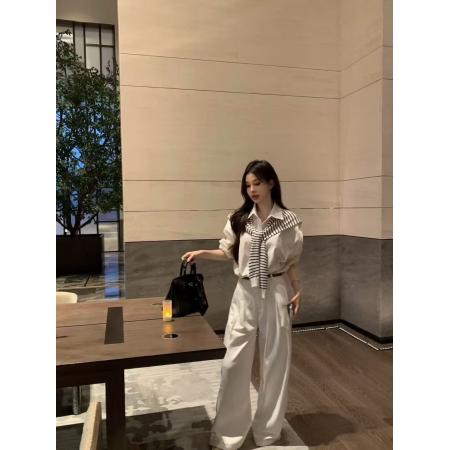 LN76264# 韩系时尚通勤穿搭白色长袖衬衫女早秋高腰显瘦休闲阔腿裤套装