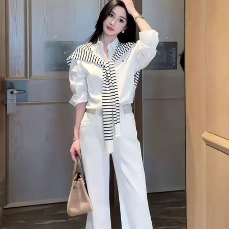 LN76264# 韩系时尚通勤穿搭白色长袖衬衫女早秋高腰显瘦休闲阔腿裤套装
