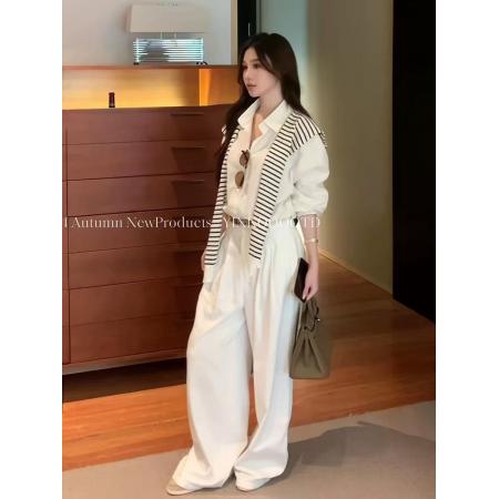 LN76264# 韩系时尚通勤穿搭白色长袖衬衫女早秋高腰显瘦休闲阔腿裤套装