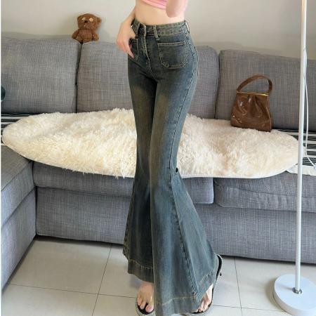FA37998# 辣妹归属大喇叭美式复古蓝色高个子高腰水洗牛仔裤女显瘦拖地长裤  服裝批發女裝批發服飾貨源