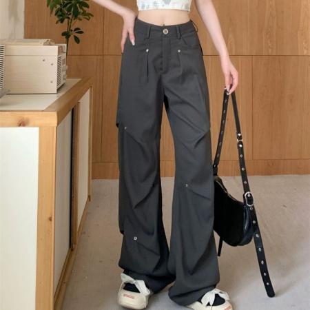 FA38003# 美式工装设计感小众宽松直筒阔腿休闲裤女夏季复古修身显瘦长裤子  服裝批發女裝批發服飾貨源