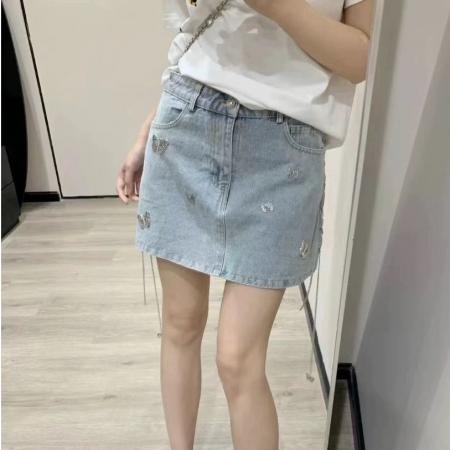 FA38007# 美式辣妹水洗牛仔半身裙女夏季高腰修身显瘦a字蝴蝶链条包臀短裙  服裝批發女裝批發服飾貨源