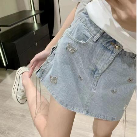 FA38007# 美式辣妹水洗牛仔半身裙女夏季高腰修身显瘦a字蝴蝶链条包臀短裙  服裝批發女裝批發服飾貨源