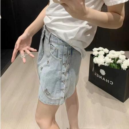 FA38007# 美式辣妹水洗牛仔半身裙女夏季高腰修身显瘦a字蝴蝶链条包臀短裙  服裝批發女裝批發服飾貨源