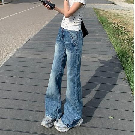 FA38009# 美式复古辣妹低腰微喇直筒牛仔裤女夏季阔腿垂感百搭拖地裤子  服裝批發女裝批發服飾貨源