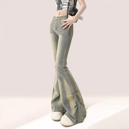 FA38019# 美式复古辣妹毛边微喇叭牛仔裤女夏季新款高腰弹力直筒长裤  服裝批發女裝批發服飾貨源