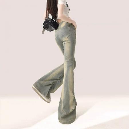 FA38019# 美式复古辣妹毛边微喇叭牛仔裤女夏季新款高腰弹力直筒长裤  服裝批發女裝批發服飾貨源