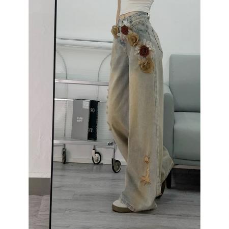 FA38030# 立体花朵水洗做旧牛仔裤女夏季新款设计感宽松阔腿垂感拖地裤  服裝批發女裝批發服飾貨源