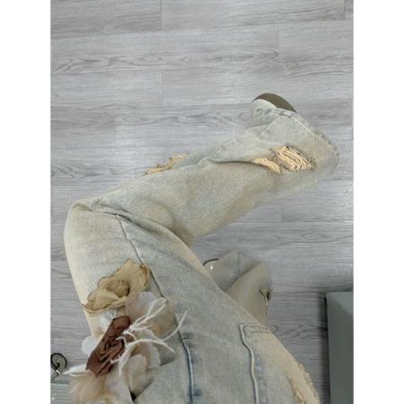 FA38030# 立体花朵水洗做旧牛仔裤女夏季新款设计感宽松阔腿垂感拖地裤  服裝批發女裝批發服飾貨源