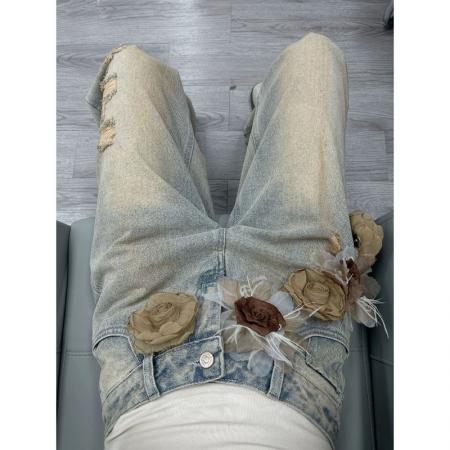 FA38030# 立体花朵水洗做旧牛仔裤女夏季新款设计感宽松阔腿垂感拖地裤  服裝批發女裝批發服飾貨源