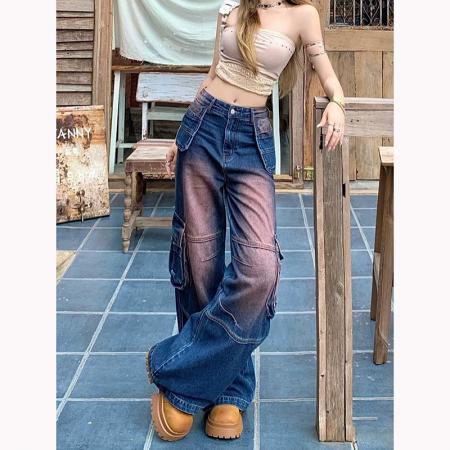 FA38036# 美式辣妹腮红多口袋工装牛仔裤女秋季新款宽松显瘦拖地长裤  服裝批發女裝批發服飾貨源