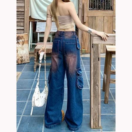 FA38036# 美式辣妹腮红多口袋工装牛仔裤女秋季新款宽松显瘦拖地长裤  服裝批發女裝批發服飾貨源
