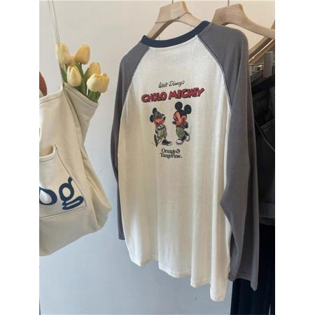 FA38042# 特大码纯棉300斤插肩袖撞色米奇秋季长袖上衣  服裝批發女裝批發服飾貨源