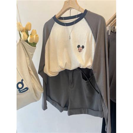 FA38042# 特大码纯棉300斤插肩袖撞色米奇秋季长袖上衣  服裝批發女裝批發服飾貨源