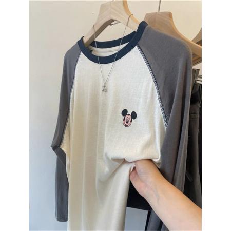FA38042# 特大码纯棉300斤插肩袖撞色米奇秋季长袖上衣  服裝批發女裝批發服飾貨源