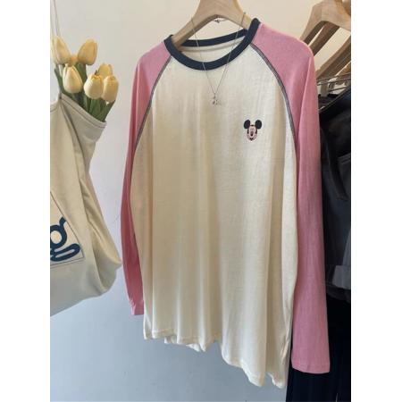 FA38042# 特大码纯棉300斤插肩袖撞色米奇秋季长袖上衣  服裝批發女裝批發服飾貨源