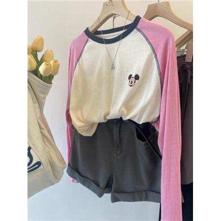 FA38042# 特大码纯棉300斤插肩袖撞色米奇秋季长袖上衣  服裝批發女裝批發服飾貨源