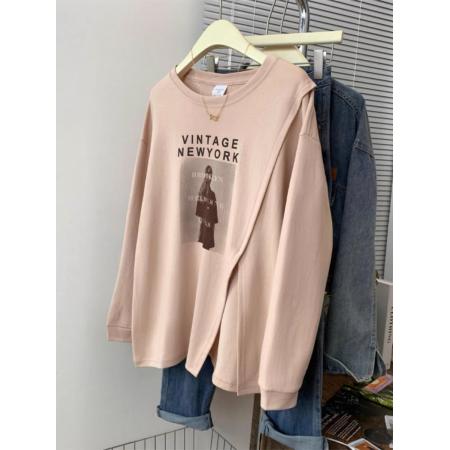 FA38047# 特大码300斤纯棉长袖t恤女设计感开叉下摆上衣  服裝批發女裝批發服飾貨源