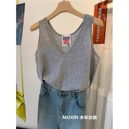 FA38050# 纯色V领宽松显瘦百搭休闲女式夏季复古风背心女  服裝批發女裝批發服飾貨源
