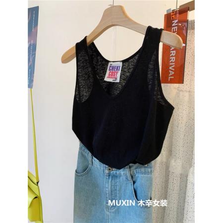FA38050# 纯色V领宽松显瘦百搭休闲女式夏季复古风背心女  服裝批發女裝批發服飾貨源