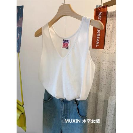 FA38050# 纯色V领宽松显瘦百搭休闲女式夏季复古风背心女  服裝批發女裝批發服飾貨源