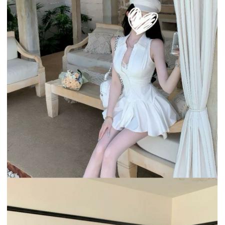 FA38051# 辣妹学院短袖校卡假两件无袖领带衬衫连衣裙短裙新品制服夏季合集  服裝批發女裝批發服飾貨源