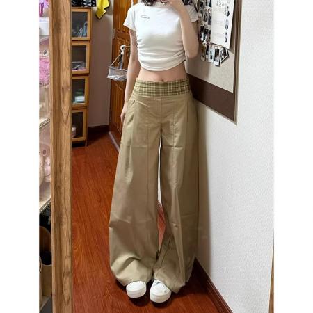 FA38052# 卡其工装阔腿裤女夏季休闲宽松春秋气质显瘦设计感拼接直筒西装裤  服裝批發女裝批發服飾貨源